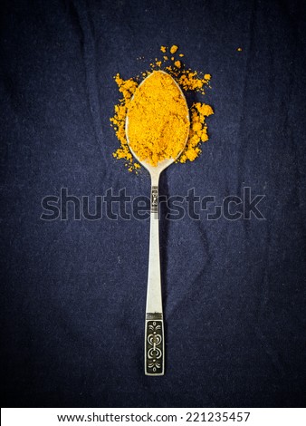 Vertical photo of yellow turmeric powder on a silver spoon on a dark blue background.