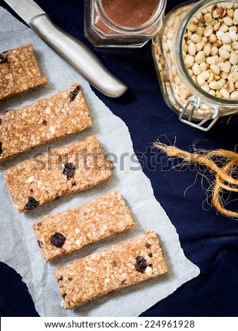 Homemade granola protein bars with peanut butter, honey, nuts, cacao and raisins.