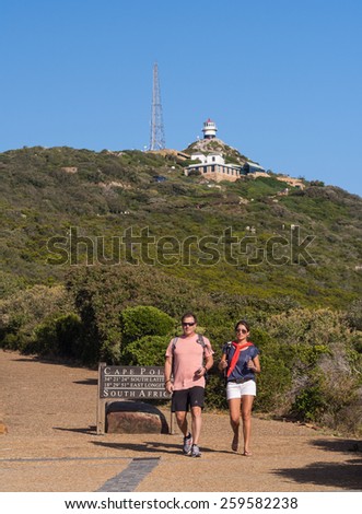 CAPE POINT, SOUTH AFRICA - FEBRUARY 15, 2015: Tourists visit Cape Point in South Africa. on a summer day.