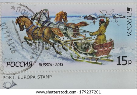 RUSSIA - CIRCA 2013 : A stamp printed in Russia shows post vehicles by horse cart, Europa stamps, circa 2013