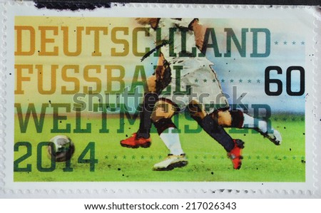 GERMANY - CIRCA 2014 : A stamp printed in Germany  shows a Germany World Cup that reads Germany Football World Champion 2014 , circa 2014
