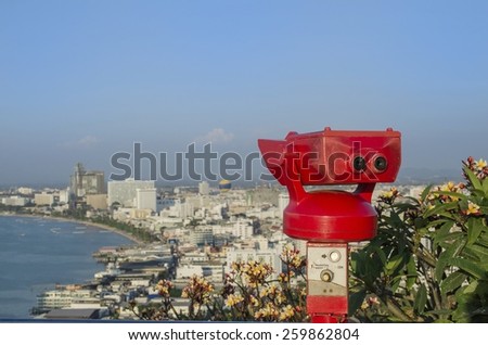 coin operated viewfinder, red tourist telescope