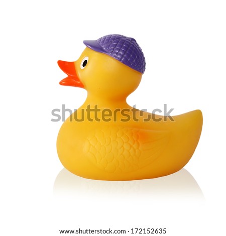 rubber duck in a cap in profile isolated on white background