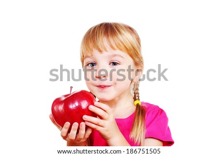 child holding food a big red apple isolated on white background