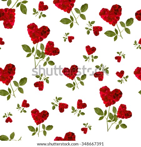 seamless pattern red heart rose petals on a stalk of green leaves on a white background Valentine\'s day