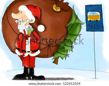 Santa Claus with a big bag and a New Year tree on his back eating ice cream on bus station