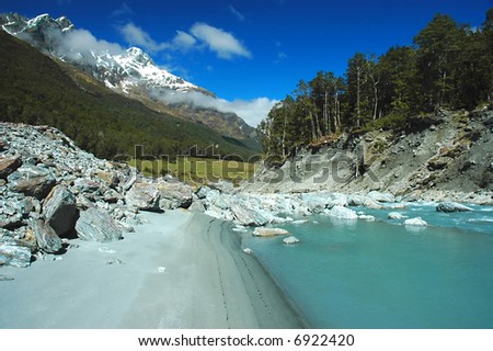 Pure Nature - untouched world: snow mountains, turquoise river, sand, blue sky. Dart river, Queenstown, New Zealand