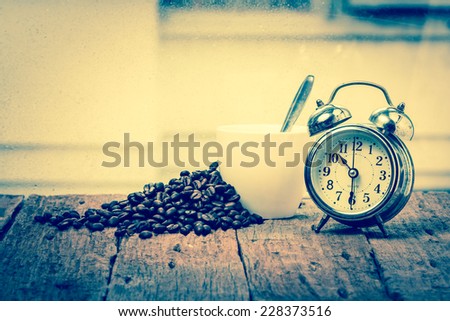 Alarm clock with coffee. coffee time concept