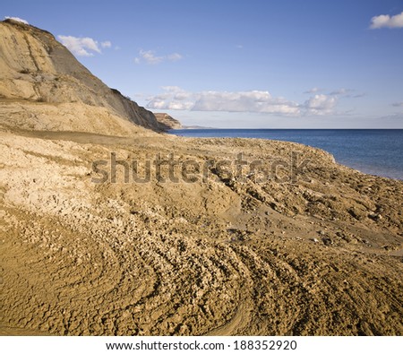 This is an active landslip on Dorset\'s Jurassic Coast, just east of Charmouth. The cliff in the middle distance is Golden Cap - the highest sea cliff on the south coast of England.
