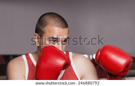 boxer with red boxing gloves in a boxing club