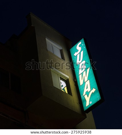 Varna, Bulgaria - May 05, 2015: Subway Restauraut exterior logo in night. Subway is an American fast food restaurant franchise that sells submarine sandwiches and salads.