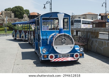 Nesebar, Bulgaria - July 01, 2015: Transport bus in the old town of Nessebar, Black sea coast, Bulgaria.