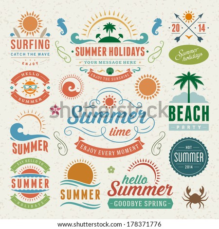 Summer design elements and typography design Retro and vintage templates Flourishes calligraphic ornaments labels badges cards Vector set Summer design elements and typography design Retro and vintage templates Flourishes calligraphic ornaments labels badges cards Vector set