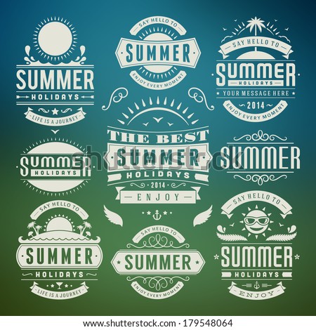 Summer design elements and typography design Retro and vintage templates Flourishes calligraphic ornaments labels badges cards Vector set Summer design elements and typography design Retro and vintage templates Flourishes calligraphic ornaments labels badges cards Vector set