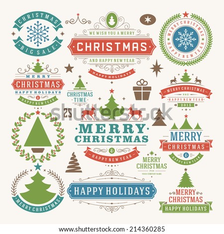 Christmas decoration vector design elements Merry Christmas and happy holidays wishes.Typographic elements vintage labels frames ornaments and ribbons set Flourishes calligraphic Christmas decoration vector design elements Merry Christmas and happy holidays wishes.Typographic elements vintage labels frames ornaments and ribbons set Flourishes calligraphic