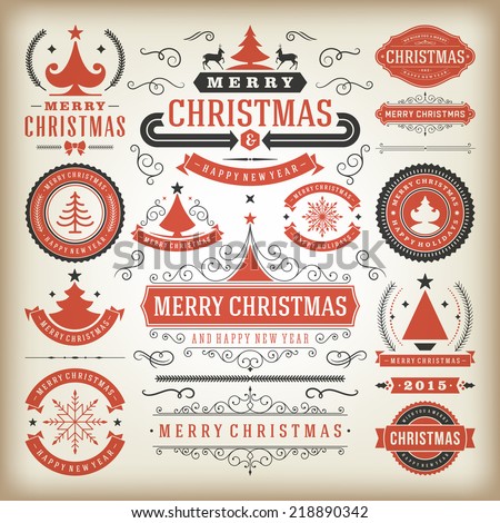 Christmas Decoration Vector Design Elements. Merry Christmas and Happy Holidays wishes.Typographic elements, Vintage Labels, Frames, Ornaments and ribbons, set. Flourishes calligraphic.