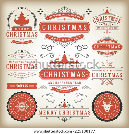 Christmas decoration vector design elements. Merry Christmas and happy holidays wishes.Typographic elements, vintage labels, frames, ornaments and ribbons, set. Flourishes calligraphic.