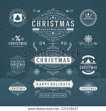 Christmas Decorations Vector Design Elements. Typographic elements, Symbols, Icons, Vintage Labels, Badges, Frames, Ornaments set. Flourishes calligraphic. Merry Christmas and Happy Holidays wishes.