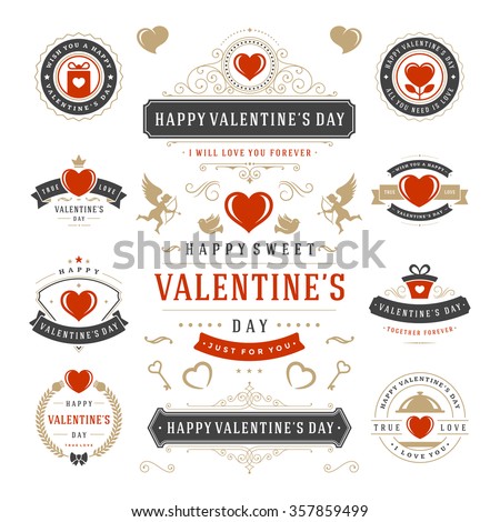 Valentine's Day Labels and Cards Set, Heart Icons Symbols, Greetings Cards, Silhouettes, Retro Typography Vector Design Elements. Valentines day cards, Valentines Badges, Valentines Day Vector Labels.