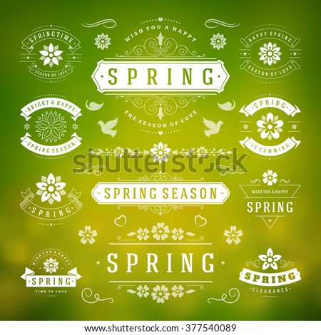 Spring Typographic Design Set. Retro and Vintage Style Templates. Vector Design Elements and Icons. Spring Logos, Spring Greeting Cards, Spring Sale Badges, Spring Vector, Flowers Vector Collection.