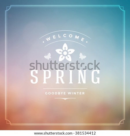 Spring Vector Typographic Poster or Greeting Card Design. Beautiful Blurred Lights with Bokeh and Flower Field. Spring Background, Spring Label, Spring Flowers, Spring Sale, Spring Advertising.