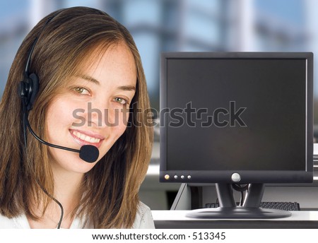 business woman smiling. Customer service center with screen. Good for you to write or place an image on the screen.