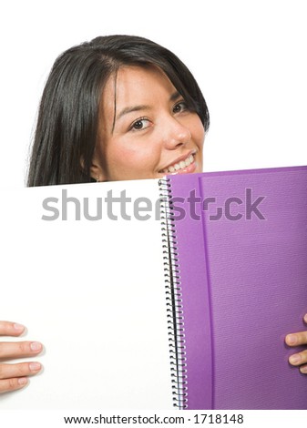 casual student with purple notebook over white
