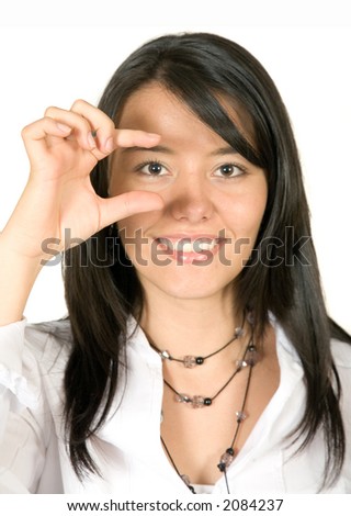 Business woman holding something with her fingers over a white background