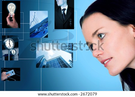 business vision and creativity - businesswoman with lots of ideas on her mind in blue colours