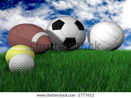 sports balls on grass - horizontal - made in 3d