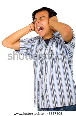casual annoyed man screaming and covering his ears because he can't stand the noise - isolated over a white background