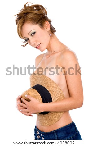 stock photo fashion girl portrait topless and smiling while covering her 
