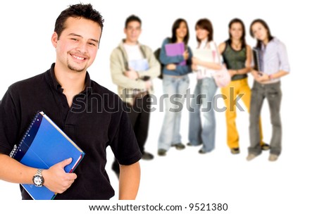 Casual mand with a group of college students smiling - isolated over a white background