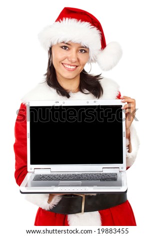 background images for computer christmas. stock photo : christmas girl displaying a laptop computer - isolated over a 