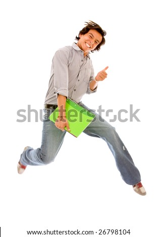 college student jumping isolated over a white background