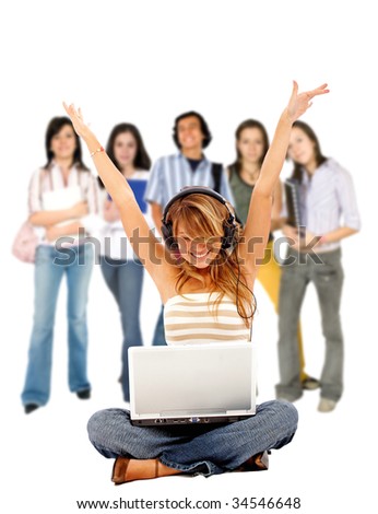Listen Music Online on Stock Photo Casual Girl Listening To Music Online And People Behind