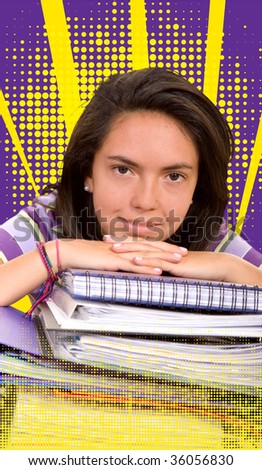 casual female student with notebooks over a purple background