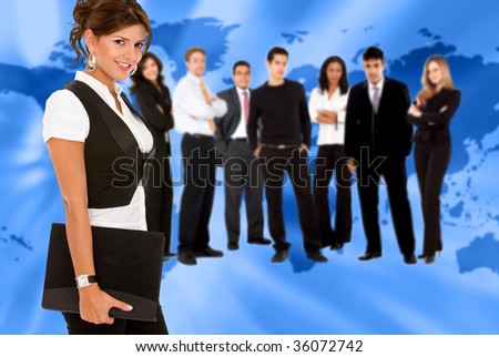 World wide business people standing over a map