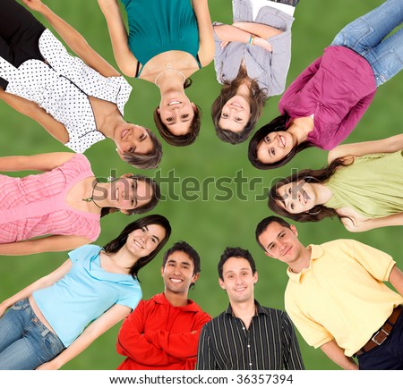 Circle of casual people isolated over green