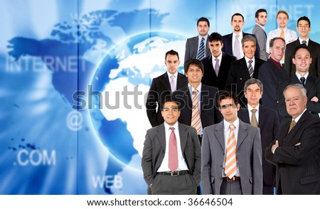 Group of business men over a worldwide map