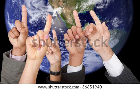 People raising their hands to participate and the earth on the background