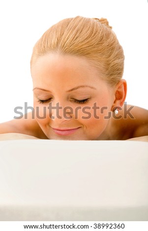 Woman portrait with eyes shut isolated on white
