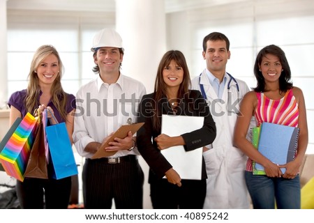Group of people with different professions and occupations indoors