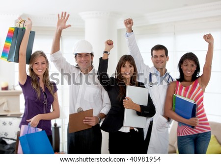Excited group of people with different professions indoors