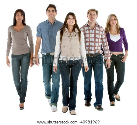 stock photo Casual group of people walking isolated over a white 