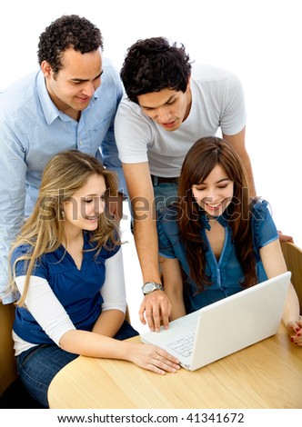 Group of people with a laptop isolated over a white background