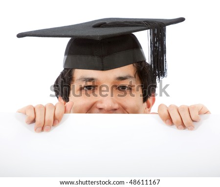 Male graduate displaying a banner ad isolated over a white background