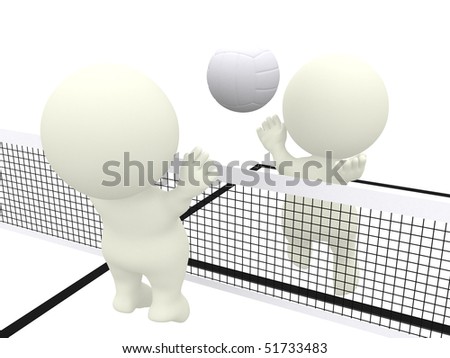 stock photo : 3D people smashing and blocking on a volleyball match isolated over white