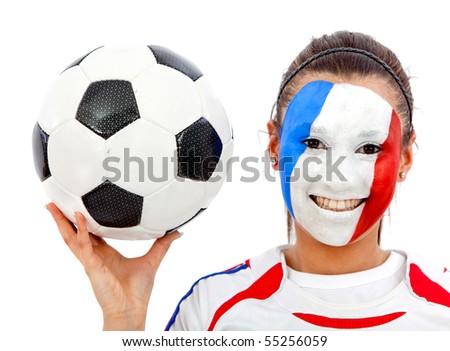Portrait of female french football fan with painted face - isolated over white
