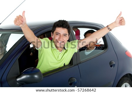Happy man coming out of a car's window - isolated over a white background - stock photo